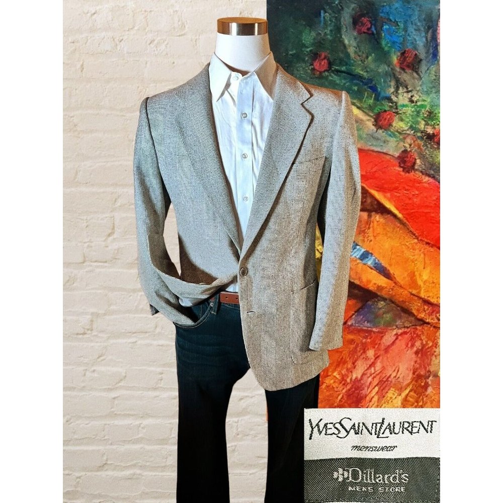 YSL YVES SAINT LAURENT 44R Gray Ivory Glenn Plaid Blazer Sport Coat Jacket